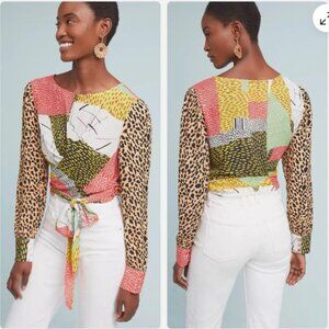 🆕 Anthropologie Bl^nk London Leopard Patchwork Top Blouse - Size S ✨ 🧡